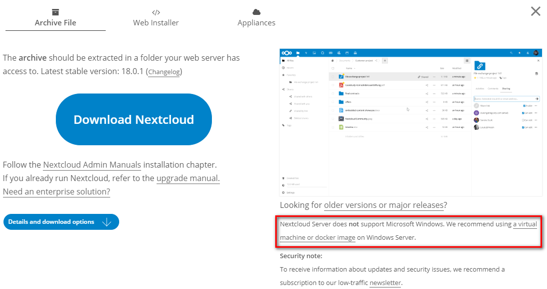官方提示NextCloud，并不能安装在Windows上