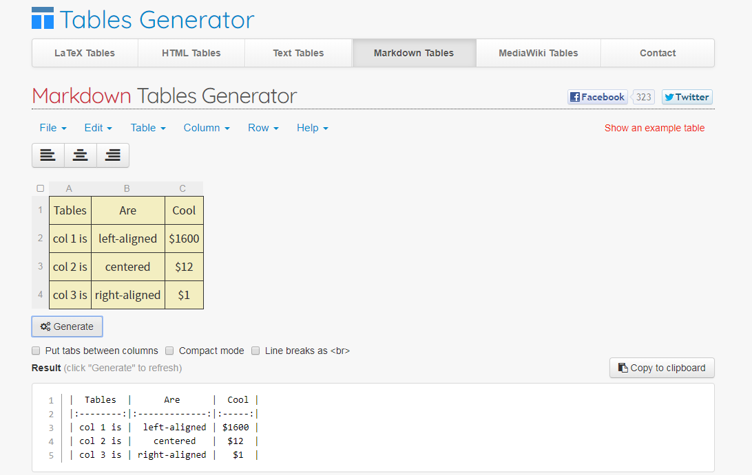 markdown tables generator