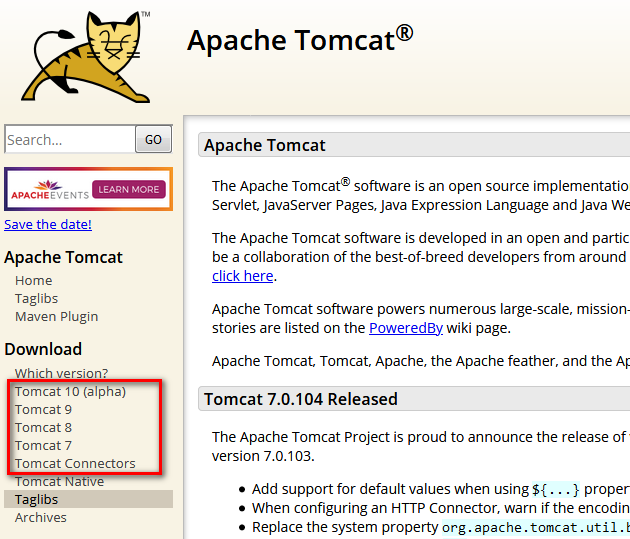 选择需要下载的Tomcat版本